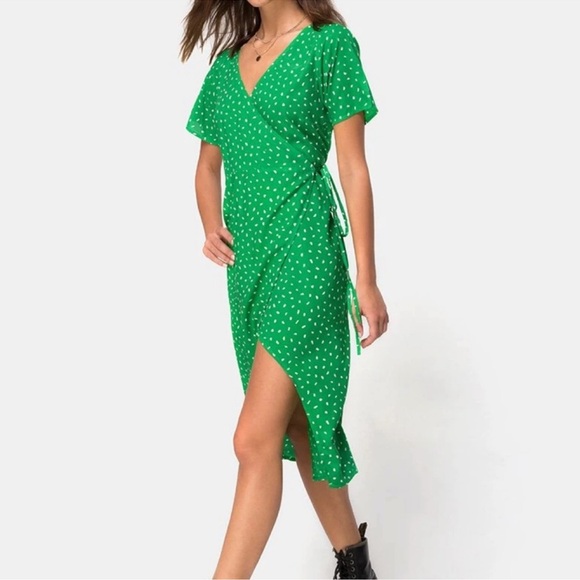 Green and White Print Wrap Dress - Picture 2 of 5